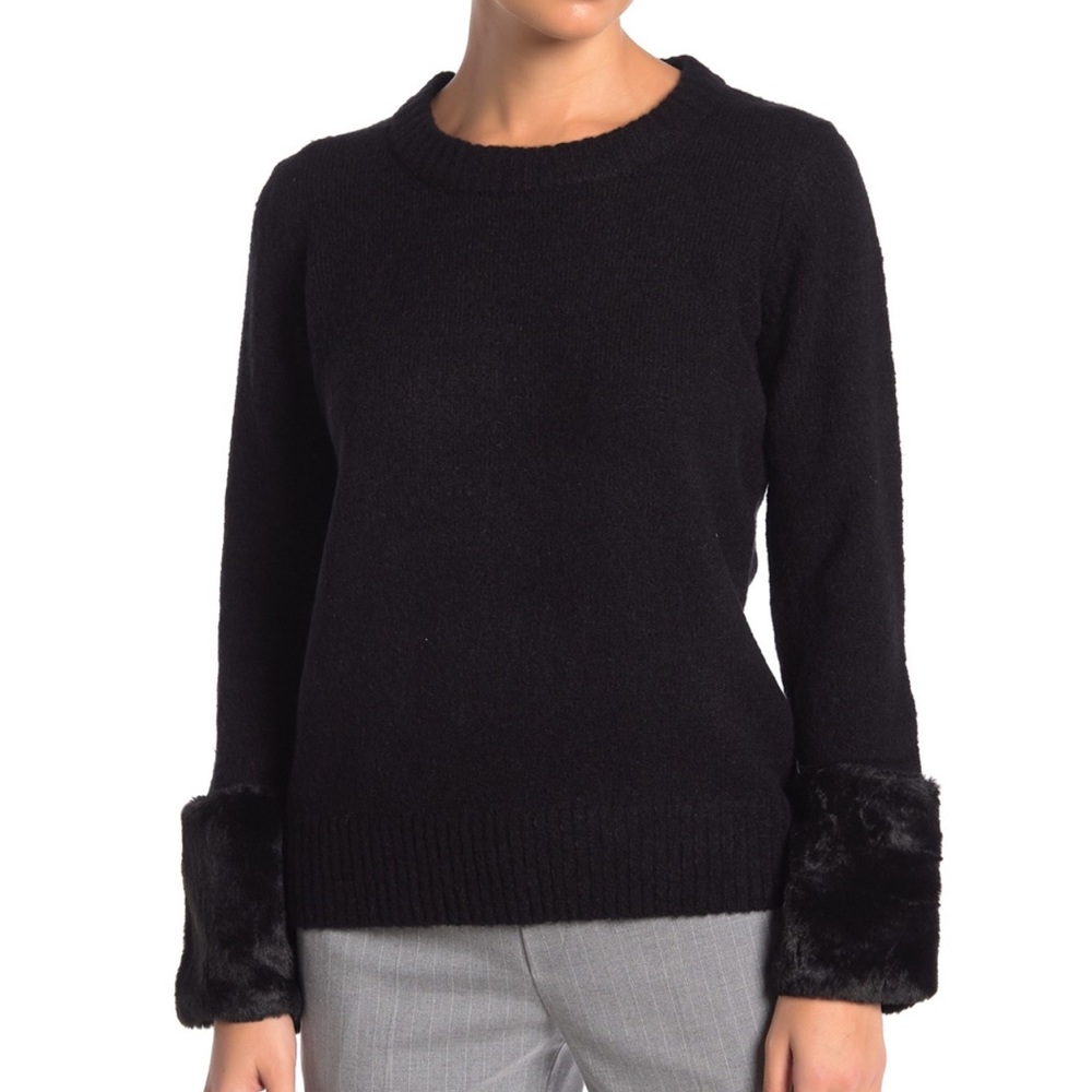 Catherine Malandrino Vegan Fur Cuff Sweater Black